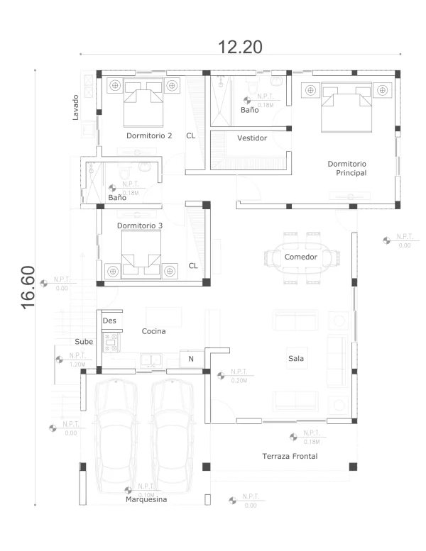 Planos de Casa de dos niveles multifamiliar 12×16 metros PLANTA