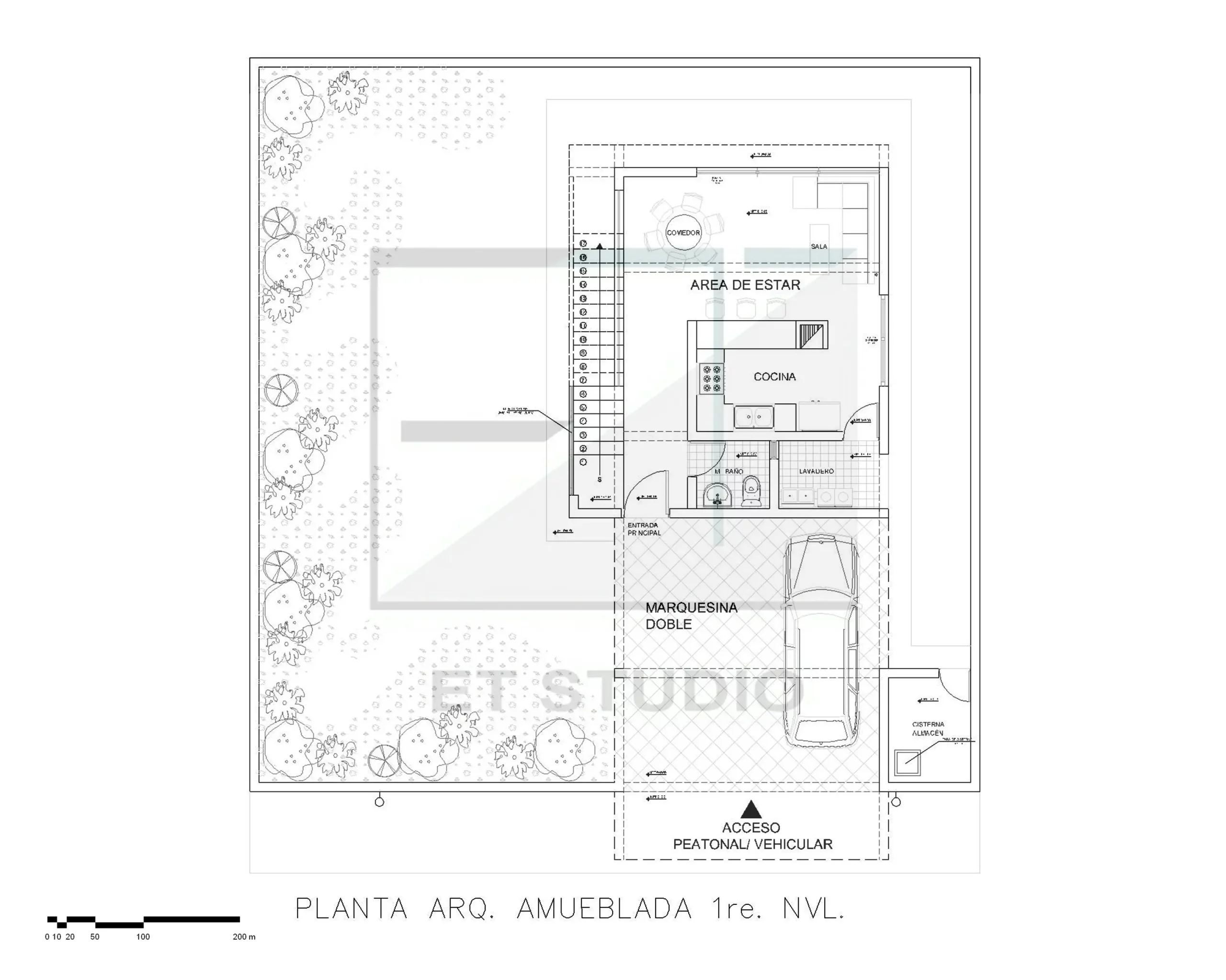 Planos de Casa UNIFAMILIAR de 2 niveles 130m2 15×8 PRIMER NIVEL