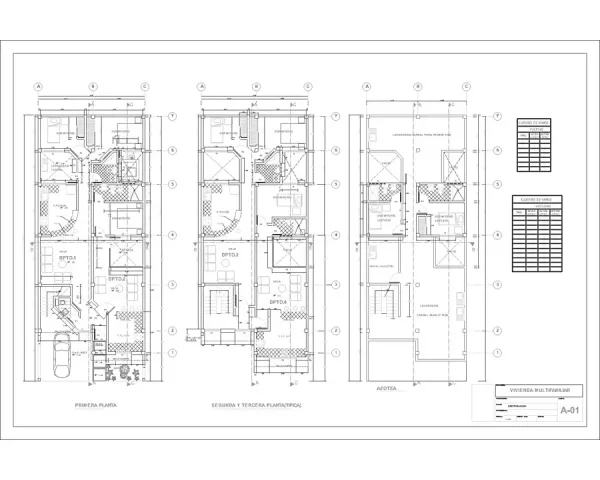 Plans of multi-family homes 4 floors 8 x 20 m2