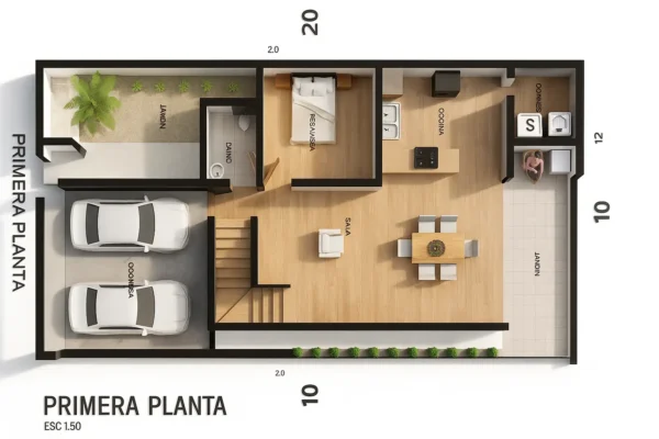 PLANO DE CASA 10 X 20 METROS - Primer nivel