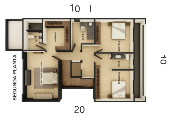 PLANO DE CASA 10 X 20 METROS - Segundo nivel
