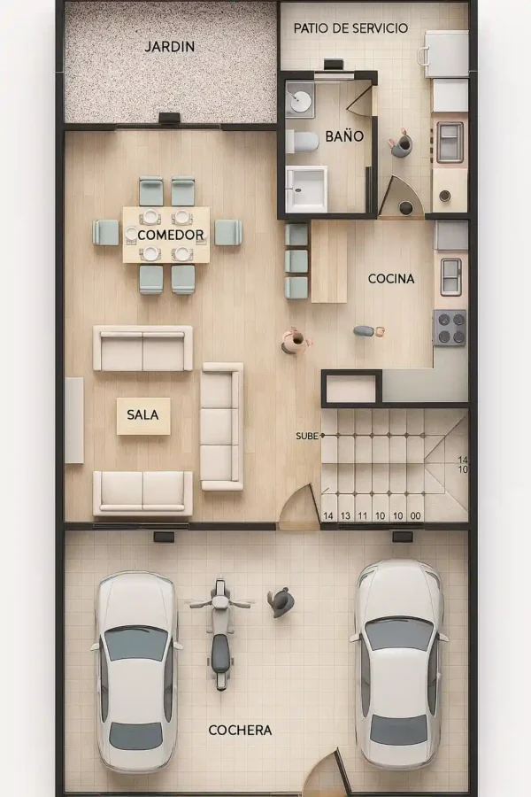 Planos de Casa Moderna 8 X 16 metros de dos pisos PRIMER NIVEL