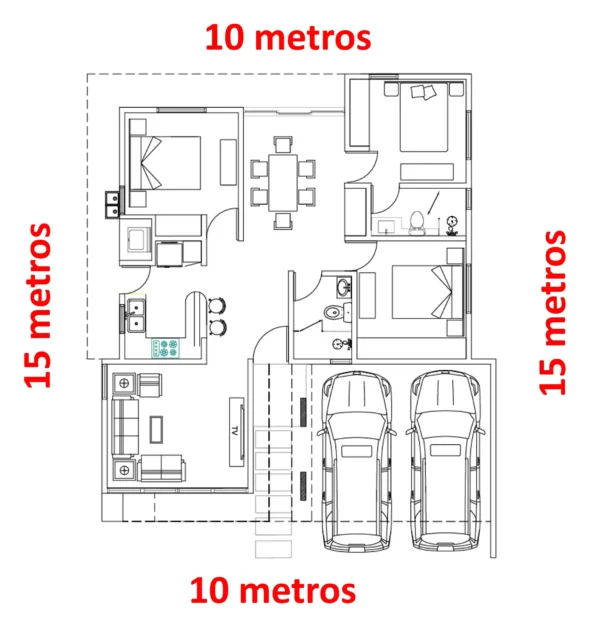 Planos de casa 10x15 de un nivel y 3 dormitorios
