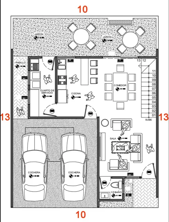 Planos de casa de 10×13 metros de dos pisos Primer Nivel