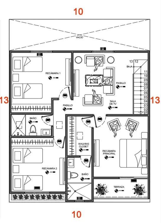 Planos de casa de 10×13 metros de dos pisos Segundo Nivel