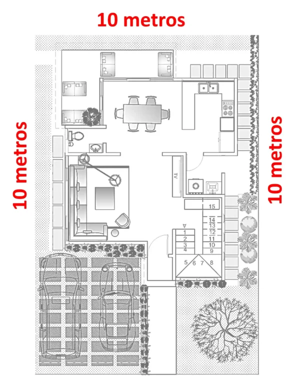 Diseño de casa 10x10 primer nivel - 3 dormitorios