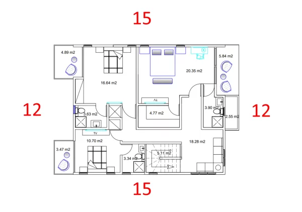Planta segundo nivel de casa 4 dormitorios 12x15 Primer nivel