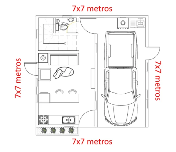 Plano de casa de 7x7 metros con 3 dormitorios - Primer nivel