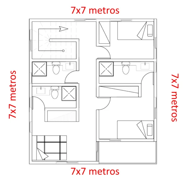 Plano de casa de 7x7 metros con 3 dormitorios 2do nivel